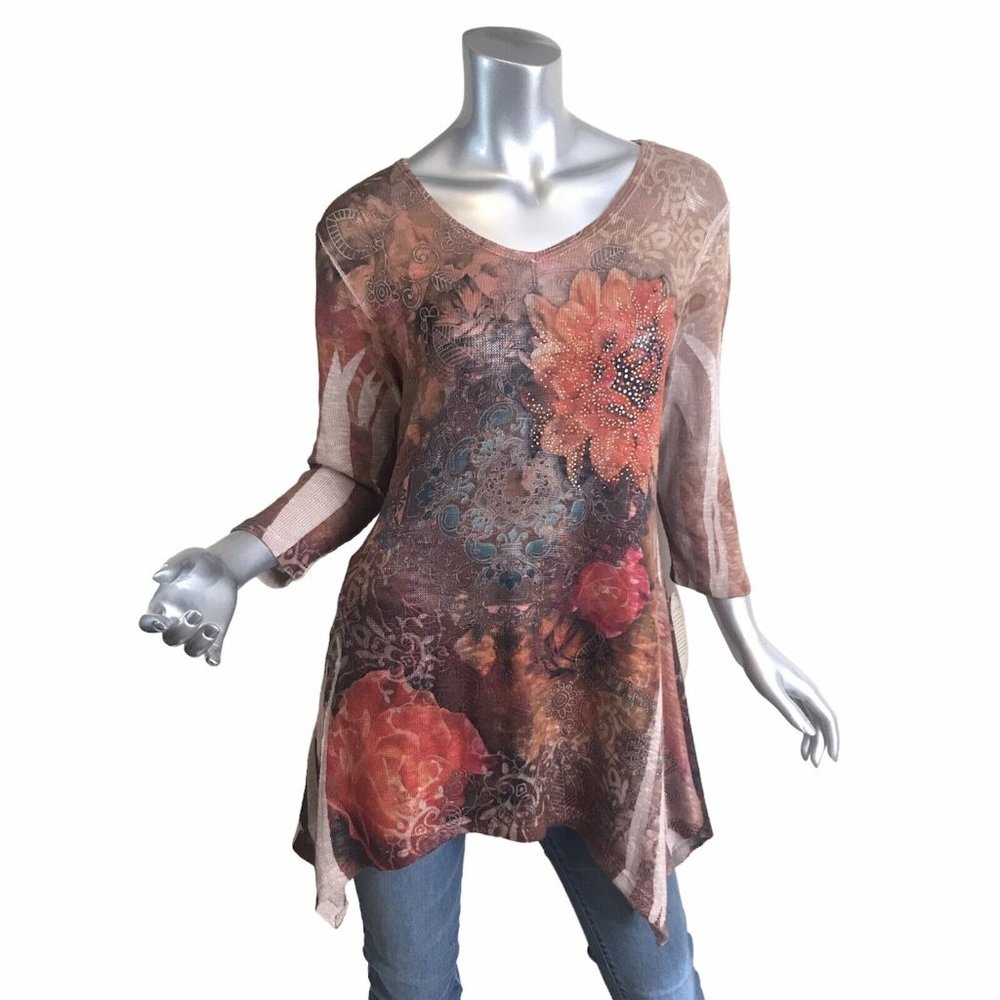 Cactus Women’s Large Embellished Rhinestone Boho V-Neck Tunic Top Thin Knit